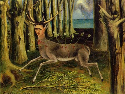 Frida Kahlo's The Wounded Deer: a small deer with Kahlo's face pierced by nine arrows, leaping through a corridor of tree trunks toward a stormy sea