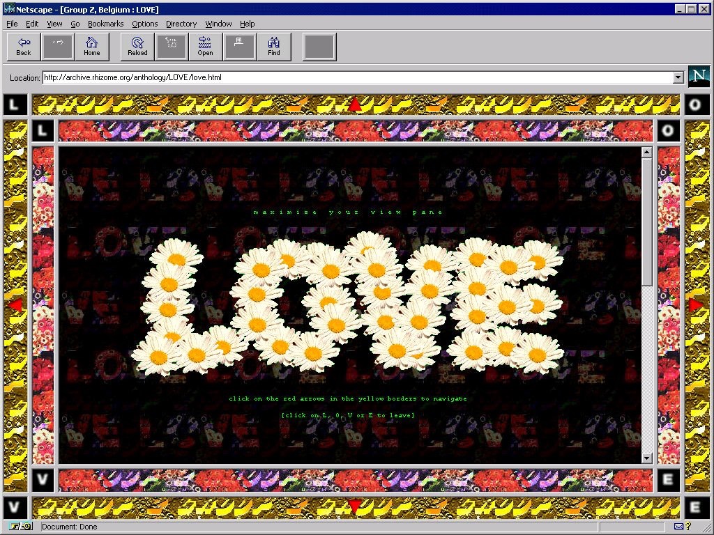 Netscape screenshot of LOVE by Group Z, Belgium — early net art by Michaël Samyn: the word LOVE spelled in daisies inside gold and floral frames, hosted in Rhizome's anthology