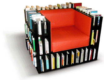 The Bibliochaise by nobody&co: a black armchair whose frame is a bookshelf holding rows of books around a red cushioned seat