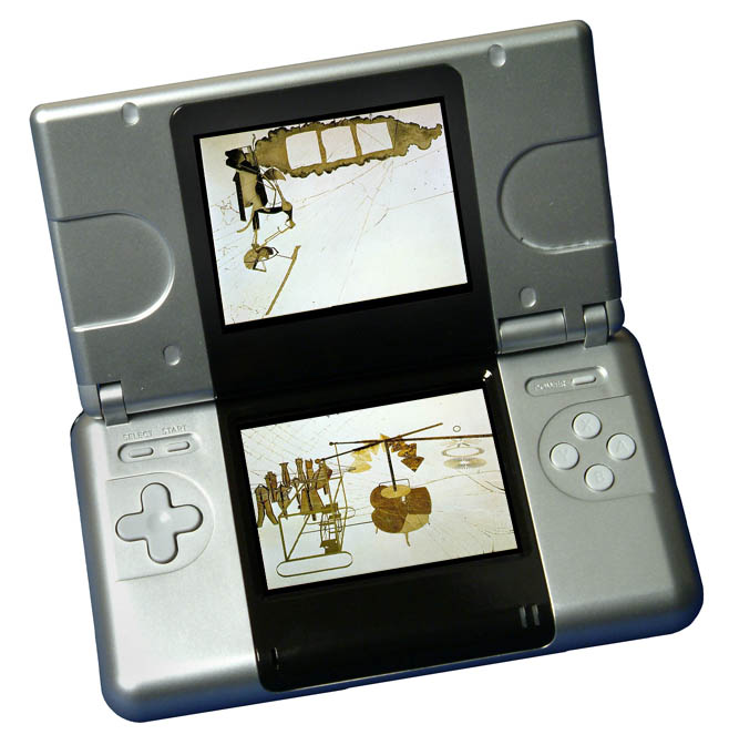 Nintendo DS with Marcel Duchamp's Large Glass split across its two screens, the Bride above and the Bachelor Apparatus below