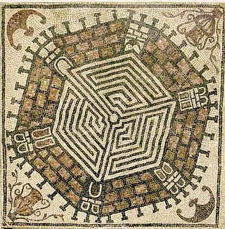 Roman mosaic labyrinth: a square meander maze ringed by a mosaic city wall with towers and gates, corner ornaments at the edges Roman mosaic labyrinth: a square meander maze ringed by a mosaic city wall with towers and gates, corner ornaments at the edges