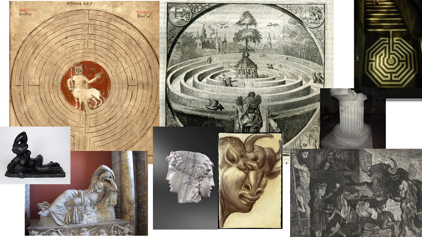 Reference collage for Labytaur: medieval Minotaur-in-labyrinth manuscript, garden-maze engraving, Picasso Minotaur images, the sleeping Ariadne, a two-faced bust, and floor mazes Reference collage for Labytaur: medieval Minotaur-in-labyrinth manuscript, garden-maze engraving, Picasso Minotaur images, the sleeping Ariadne, a two-faced bust, and floor mazes
