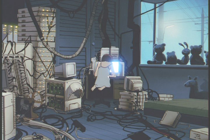 Lain's bedroom from Serial Experiments Lain: a girl hunched at a glowing monitor amid stacked computers and coolant cables, stuffed animals lined along the window