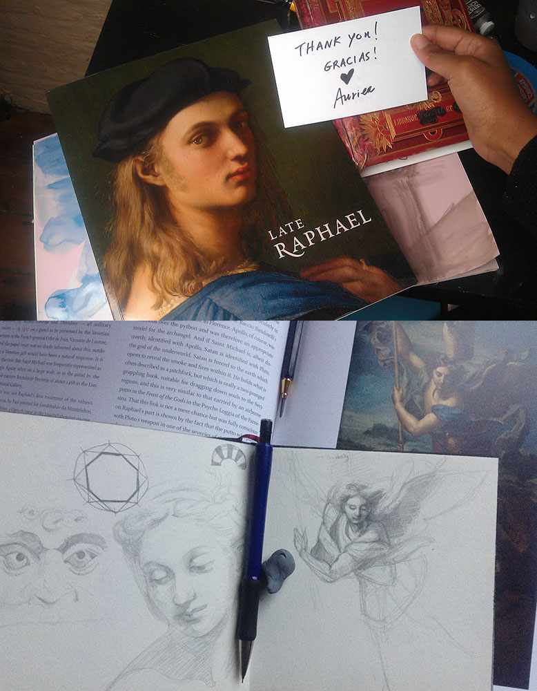 The Late Raphael exhibition catalogue with a thank-you note signed Auriea, above her sketchbook of pencil copies after Raphael's Saint Michael and putti The Late Raphael exhibition catalogue with a thank-you note signed Auriea, above her sketchbook of pencil copies after Raphael's Saint Michael and putti