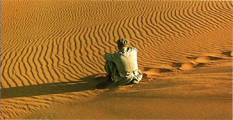 A robed figure sits alone on a vast expanse of rippled desert sand, golden light raking the dunes — an image from Lawrence of Arabia