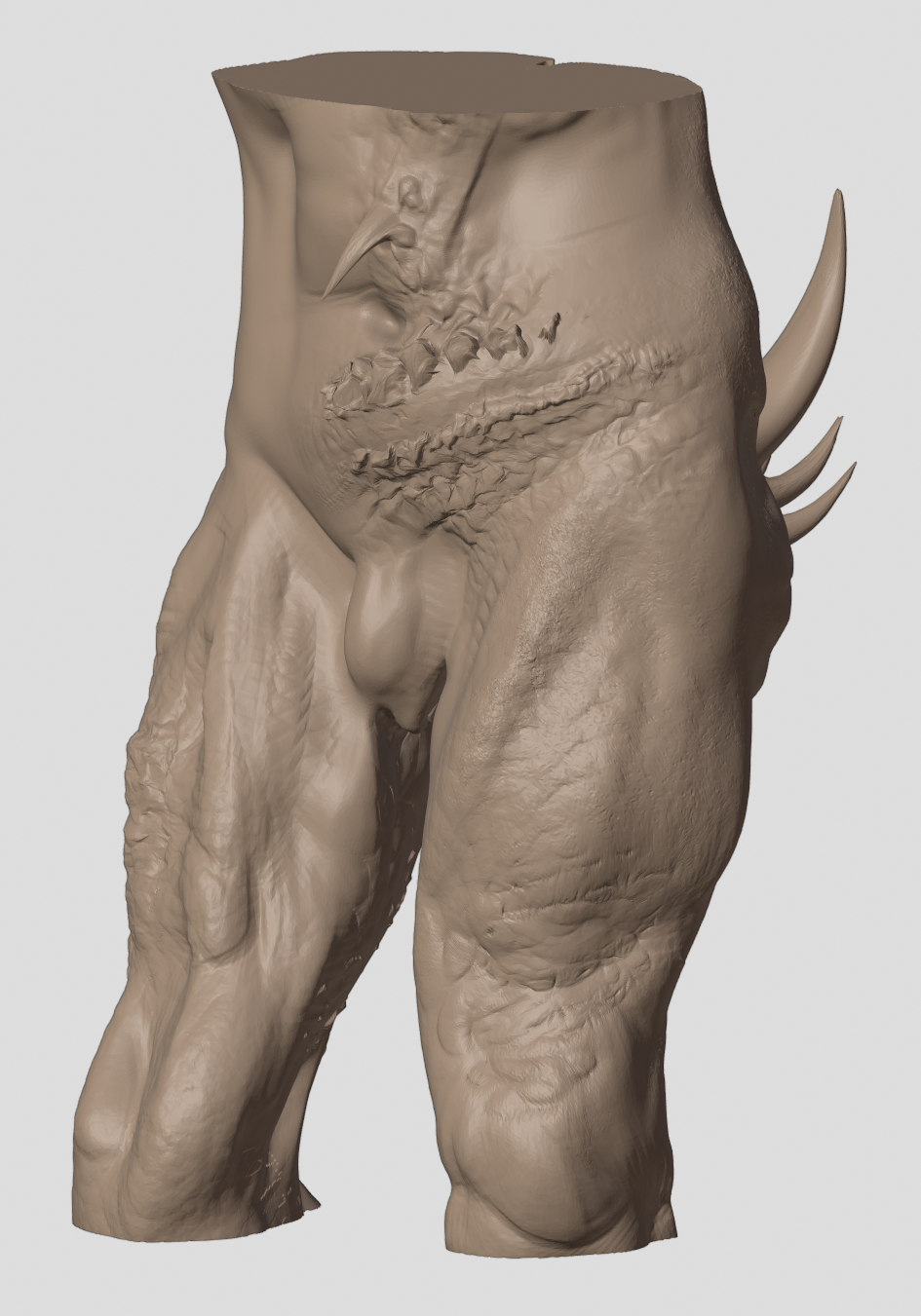 ZBrush sculpt for a leviathan: massive clay-toned monster haunches with a beaked growth, ridged scar rows across the belly, and curved tusks jutting from one hip ZBrush sculpt for a leviathan: massive clay-toned monster haunches with a beaked growth, ridged scar rows across the belly, and curved tusks jutting from one hip