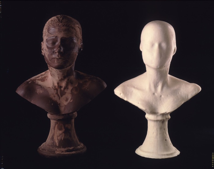 Janine Antoni's Lick and Lather: two self-portrait busts side by side, one licked-down chocolate, one washed-away white soap, on classical pedestals