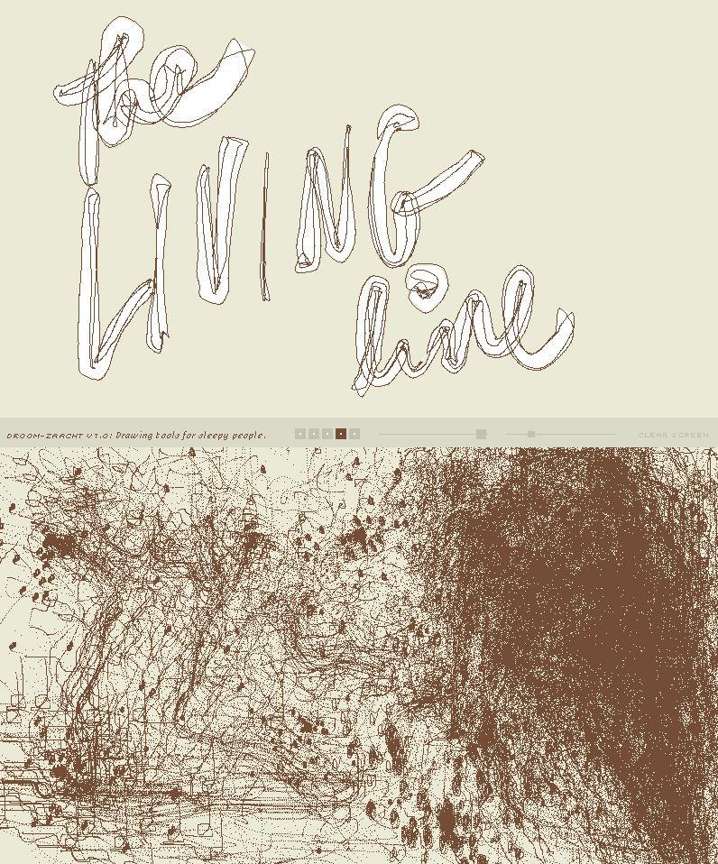 The Living Line in wobbly hand-drawn lettering above a screenshot of Droom-Zacht v1.0, 'drawing tools for sleepy people', its canvas filled with dense brown scribble