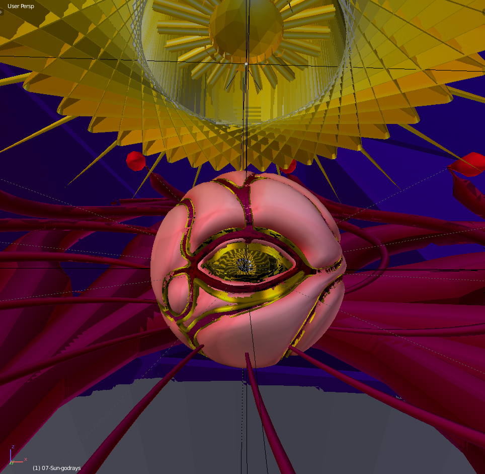 Blender viewport for a VR lock: a pink segmented orb with a gold-lidded eye at its center, red tendrils radiating out beneath a spiked golden sun