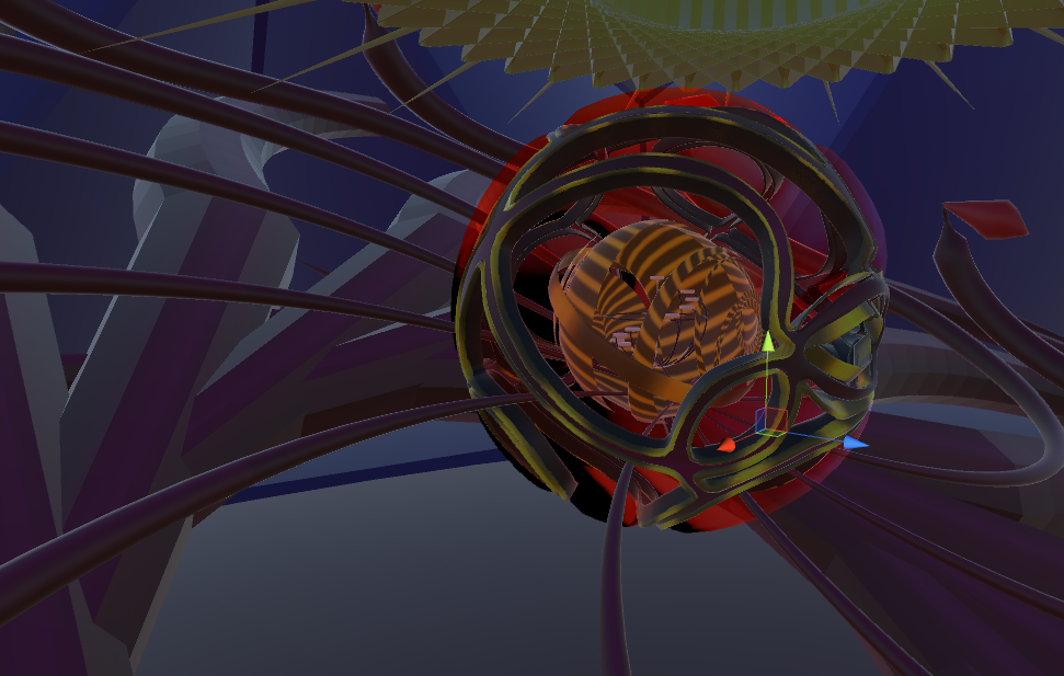 Work-in-progress VR lock in the game engine: an orange striped head caged inside interlocking dark rings, purple tendrils sweeping through the space around it