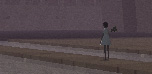 Distant game-engine test: the small Lumpy Girl figure standing alone on a flat dusty purple plain, seen from far away