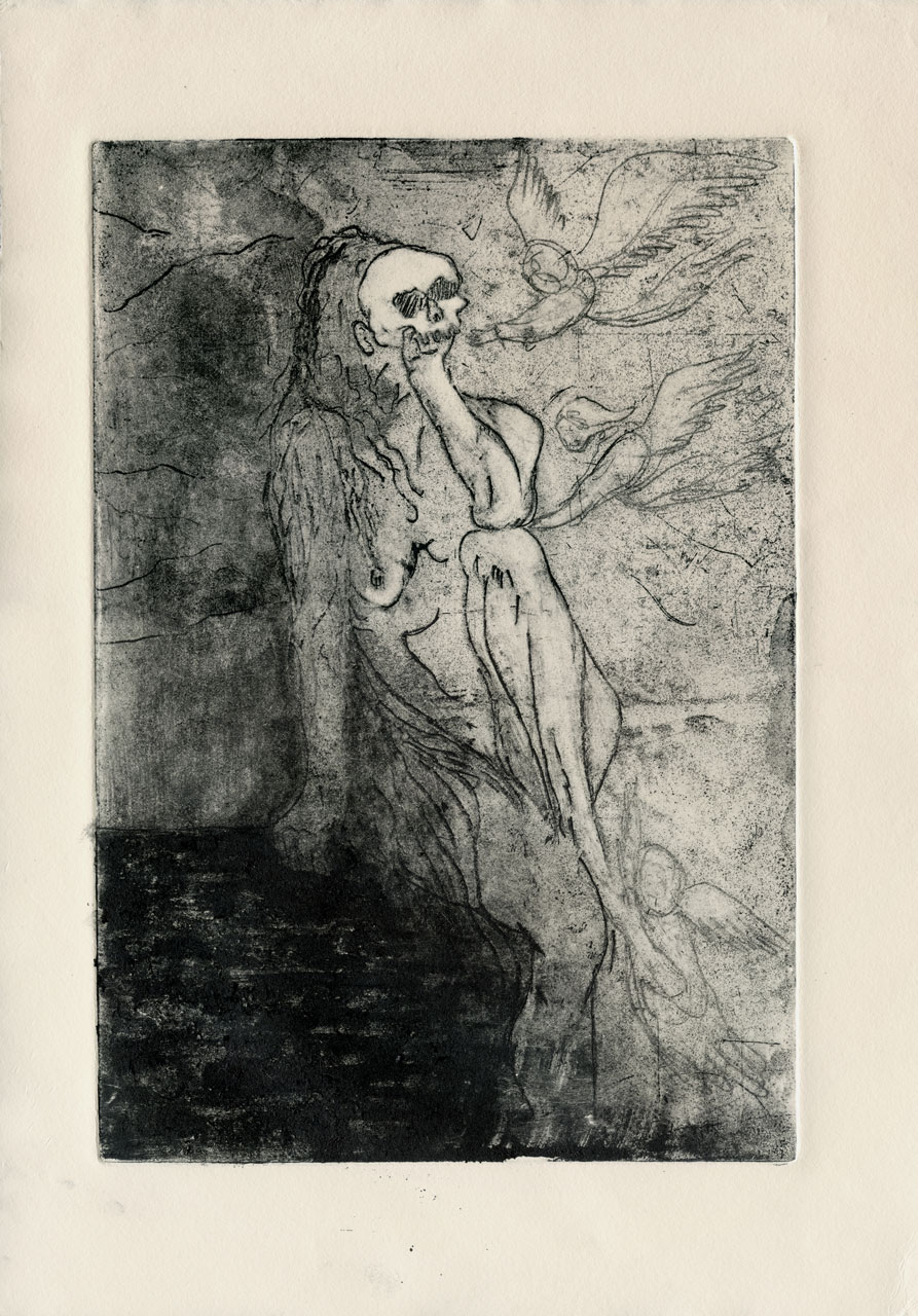 Etching, fourth state: a seated nude Magdalene with a skull's face resting her chin on one hand, winged figures swooping toward her over a dark inky floor