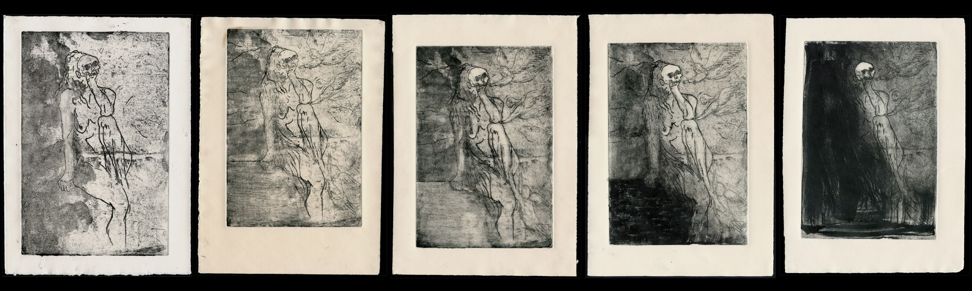 Five progressive states of the Magdalene etching side by side, the skull-faced seated figure emerging from faint outline to dense black shadow