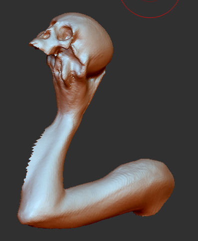 ZBrush fragment for the Magdalene: a single bent arm rising from the elbow, its hand gripping a skull whose jaw dissolves into the fingers