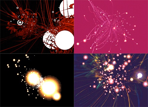 Four frames from the Magnetosphere music visualizer: red tangles around white globes, pink threads on magenta, and golden particle bursts in blackness