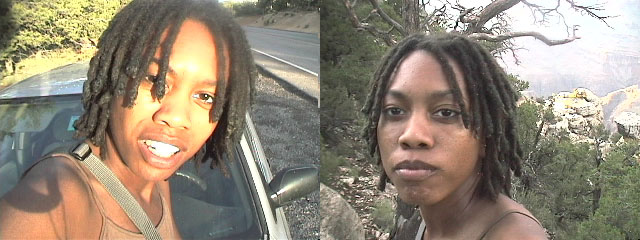 Two self-portraits of Auriea at 25 with short locs: leaning against a car on a mountain road, and among junipers at the rim of a canyon