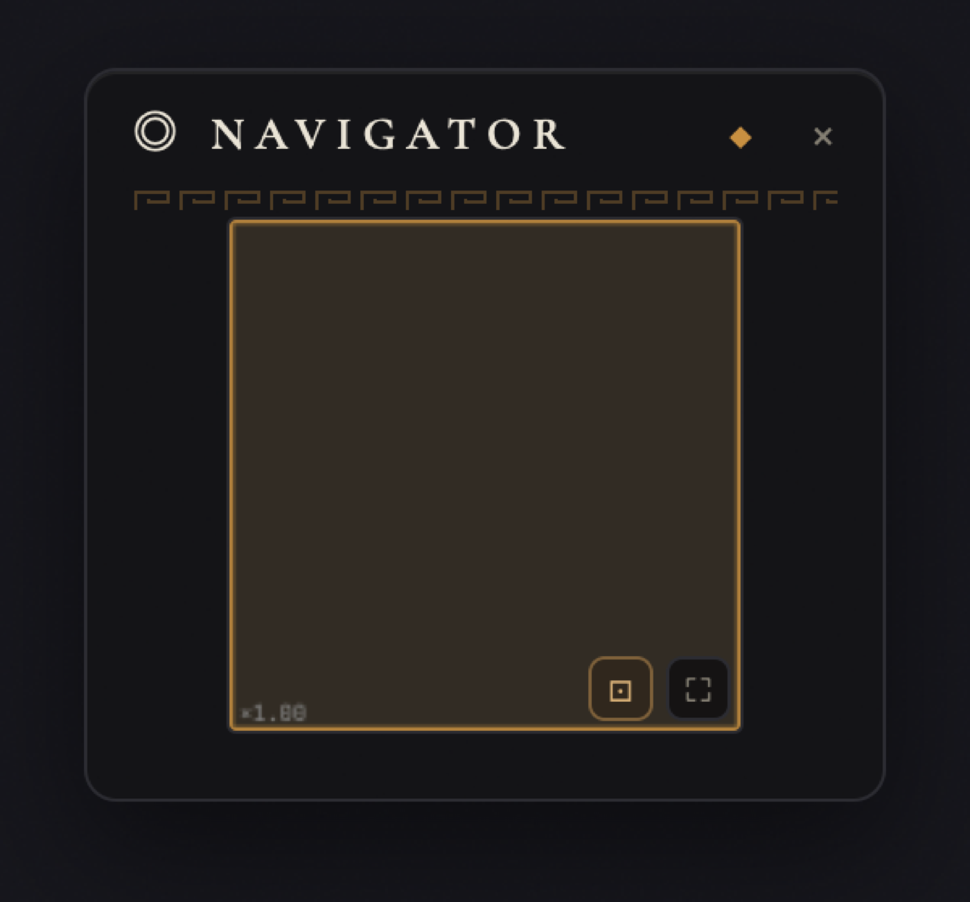 Metope's Navigator tablet: the corner mini-map, the five view-mode buttons, and undo, redo and fit.