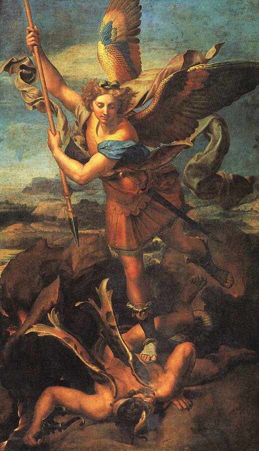 Raphael's Saint Michael Vanquishing Satan: the winged archangel in blue and gold descends with raised spear onto the demon writhing on the rocks