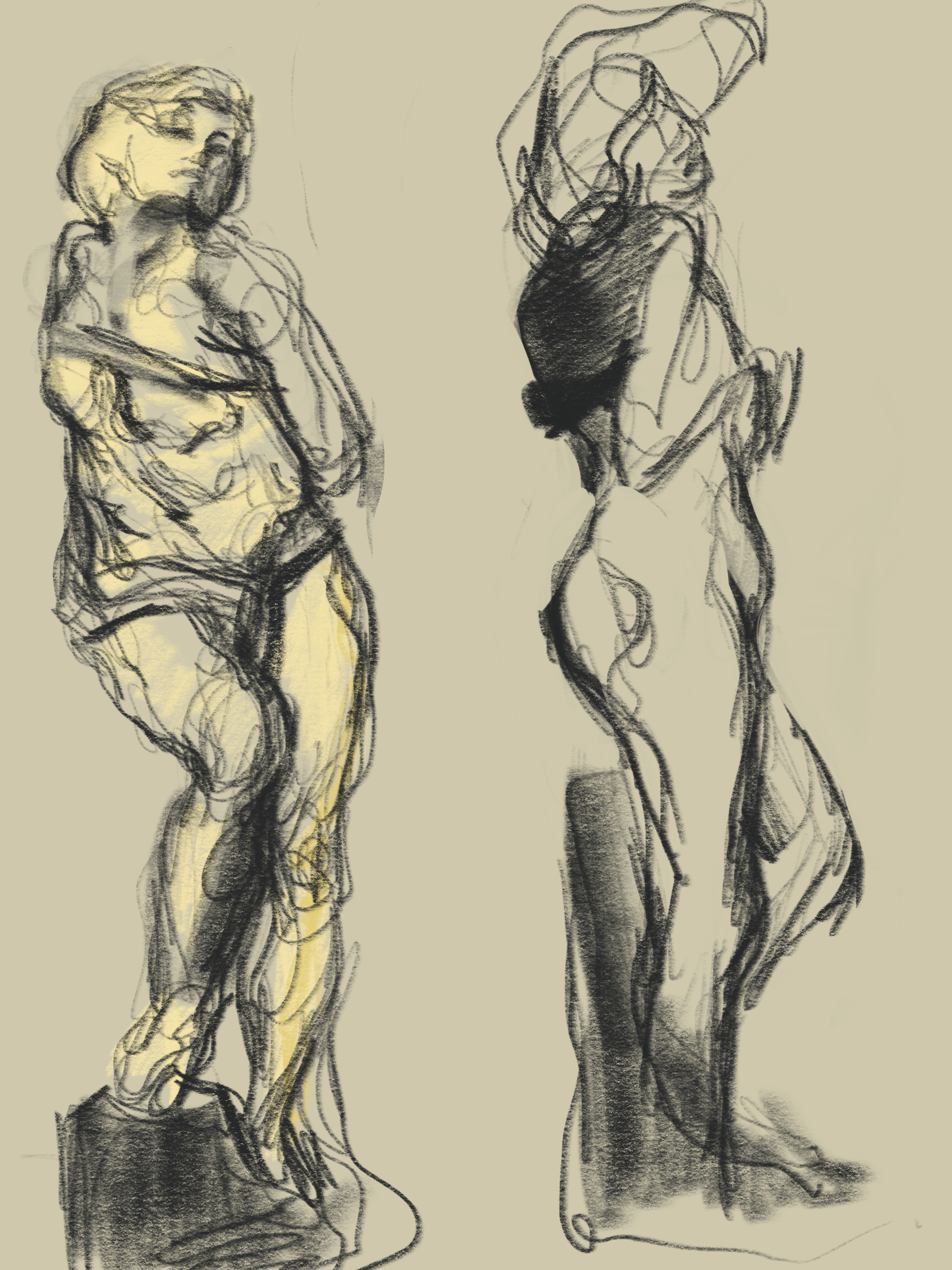 Digital charcoal studies of two Michelangelo figures: a twisting bound slave washed in yellow, and a second figure with arm raised overhead