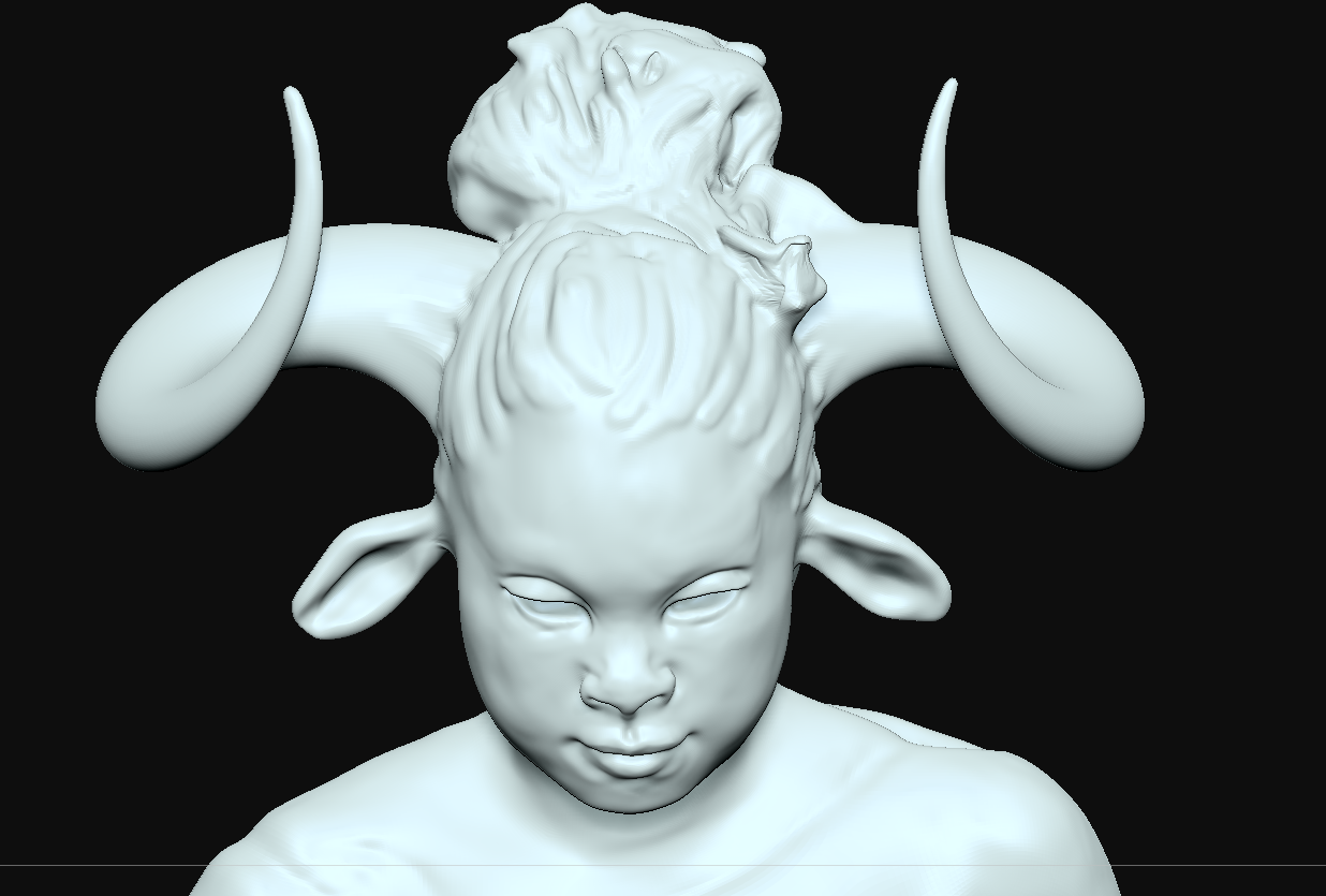 ZBrush sculpt for MinoRinth: a child-faced figure with blank eyes, cow ears, and great curved horns, hair braided up into a knot ZBrush sculpt for MinoRinth: a child-faced figure with blank eyes, cow ears, and great curved horns, hair braided up into a knot