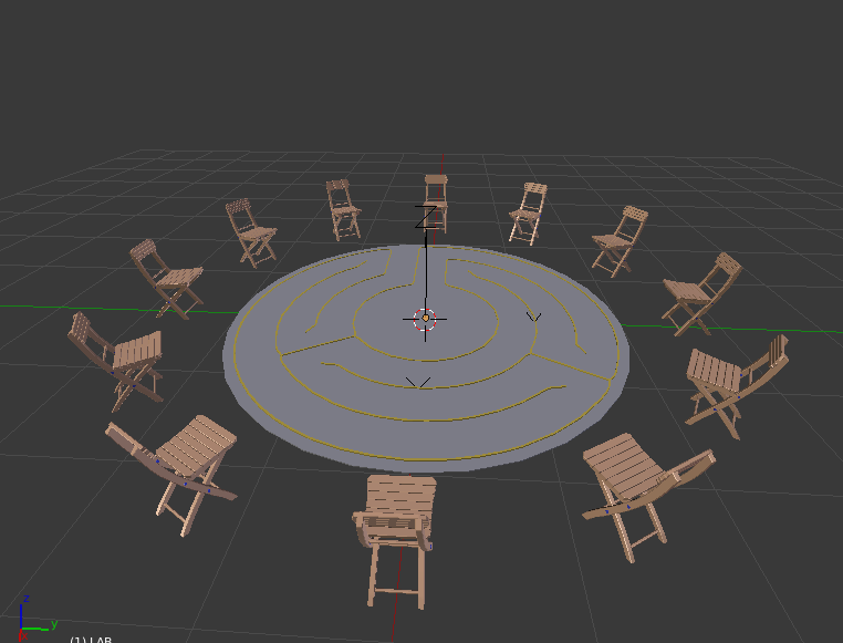 Blender scene for MinoRinth: twelve wooden folding chairs ringing a flat round labyrinth carved with concentric paths Blender scene for MinoRinth: twelve wooden folding chairs ringing a flat round labyrinth carved with concentric paths