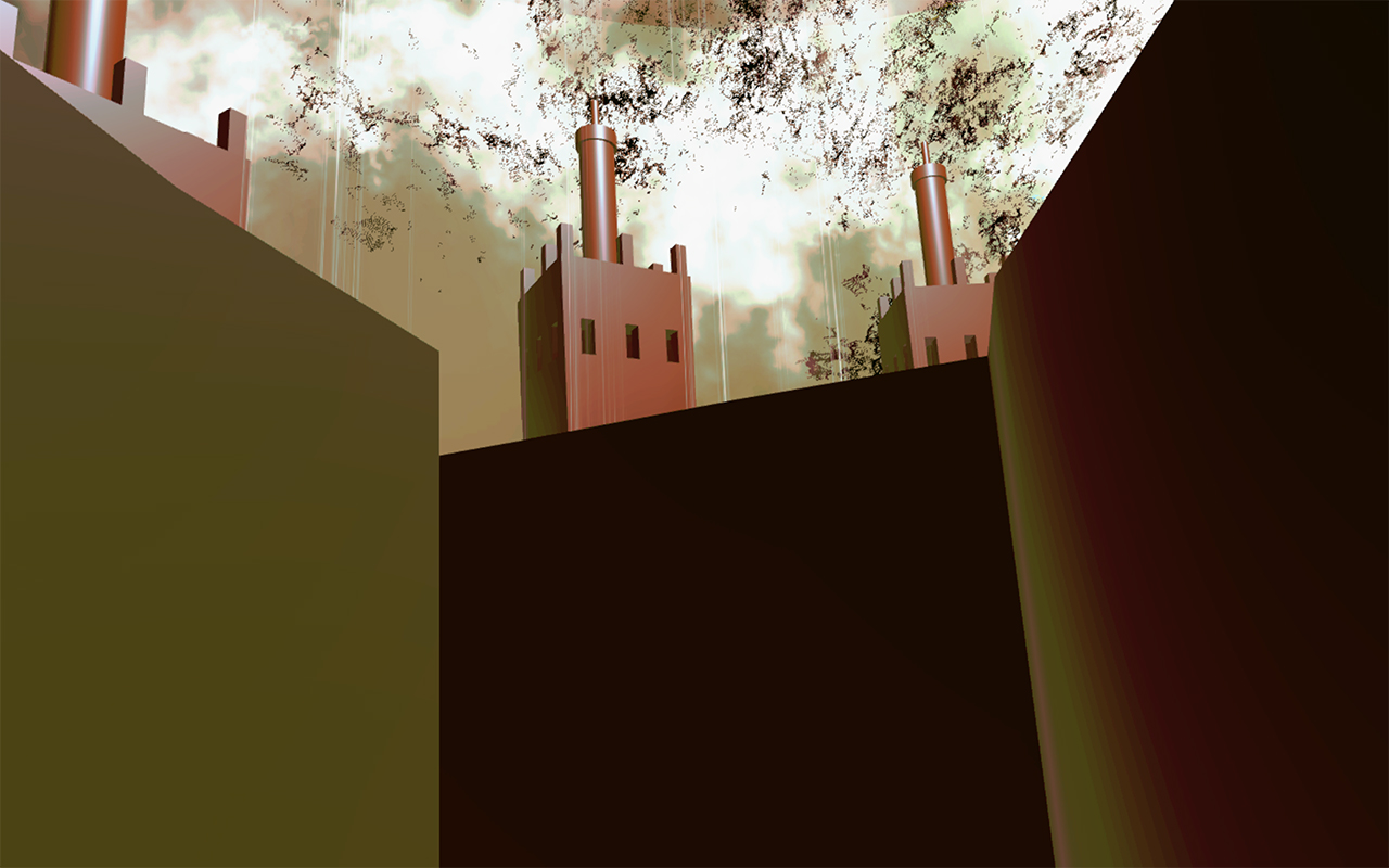 Inside the MinoRinth maze: dark castle-like towers with chimneys loom over the walls under a curdled white-and-sepia sky Inside the MinoRinth maze: dark castle-like towers with chimneys loom over the walls under a curdled white-and-sepia sky