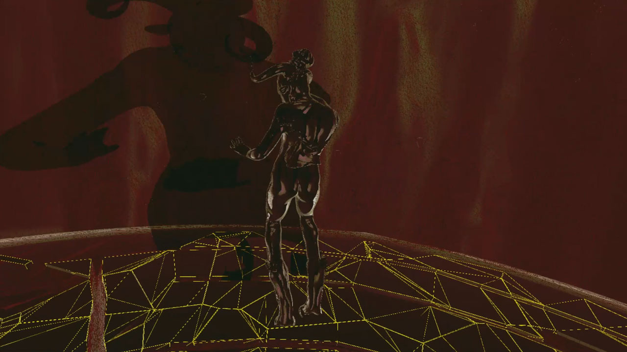 MinoRinth screenshot: a dark glassy figure stands on a yellow wireframe mound, the horned shadow of the Minotaur cast huge on the red wall behind MinoRinth screenshot: a dark glassy figure stands on a yellow wireframe mound, the horned shadow of the Minotaur cast huge on the red wall behind