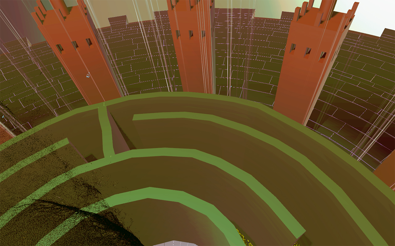 MinoRinth from above: green-edged concentric maze rings curving below brick towers, their walls stitched with dotted purple seams MinoRinth from above: green-edged concentric maze rings curving below brick towers, their walls stitched with dotted purple seams