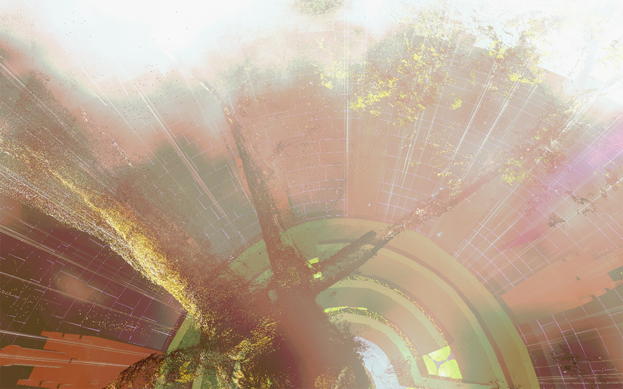 Looking up through MinoRinth: a dark tree trunk forks overhead into pixel-dust foliage, the maze's green rings and grids dissolving in white glare Looking up through MinoRinth: a dark tree trunk forks overhead into pixel-dust foliage, the maze's green rings and grids dissolving in white glare