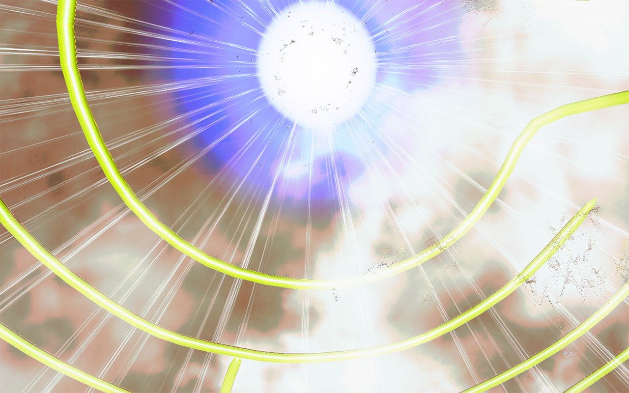 MinoRinth sky: a blinding white sun ringed in violet, radiating light streaks through drifting sepia clouds crossed by yellow-green vines MinoRinth sky: a blinding white sun ringed in violet, radiating light streaks through drifting sepia clouds crossed by yellow-green vines