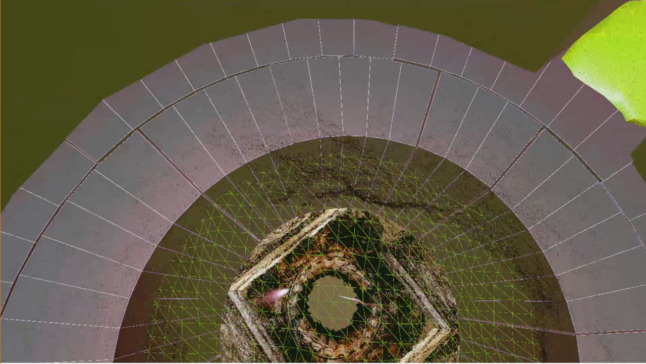 MinoRinth: looking down into the maze's core, a grey fan of wall segments circling a sunken mosaic hexagon overlaid with green triangulation MinoRinth: looking down into the maze's core, a grey fan of wall segments circling a sunken mosaic hexagon overlaid with green triangulation