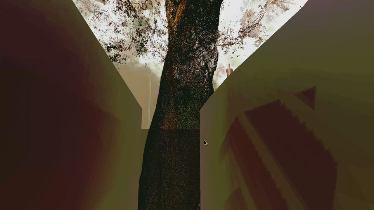 MinoRinth corridor: the great dark tree rises between two shadowed maze walls, its speckled crown filling the pale sky MinoRinth corridor: the great dark tree rises between two shadowed maze walls, its speckled crown filling the pale sky