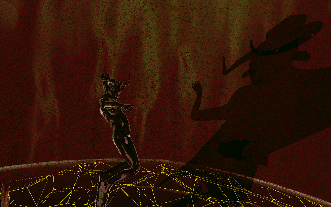 MinoRinth: the dark bronze Minotaur figure dances on yellow wireframe ground, its horned shadow thrown huge across the deep red wall MinoRinth: the dark bronze Minotaur figure dances on yellow wireframe ground, its horned shadow thrown huge across the deep red wall