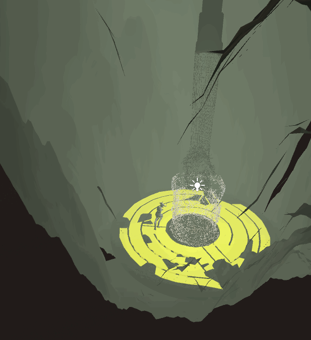 MinoRinth simulation frame: seen from high above, the tiny yellow labyrinth disc and point-cloud tree glow at the bottom of a muted green chasm