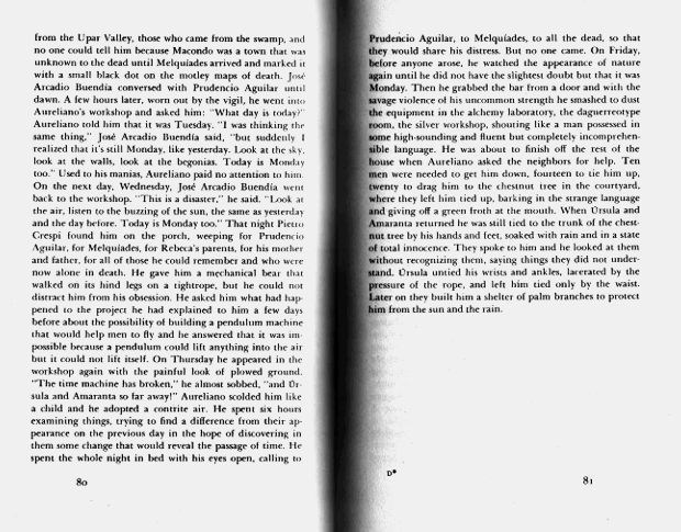 Two-page spread from One Hundred Years of Solitude in which José Arcadio Buendía insists the day is still Monday, the time machine broken