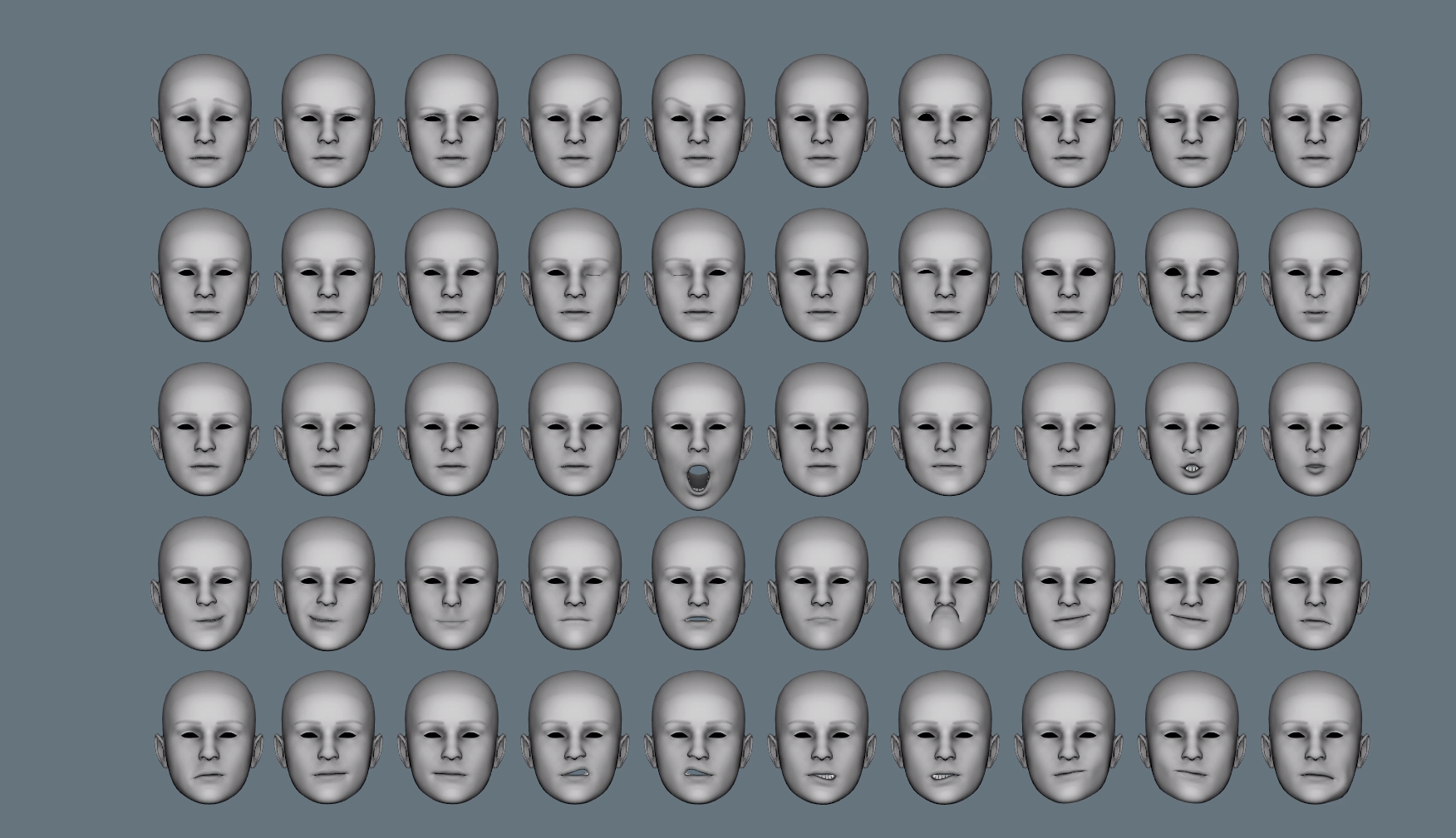 Grid of fifty identical grey 3D heads showing facial morph targets: rows of subtle brow, eye, and mouth shapes, one mouth open wide mid-shout