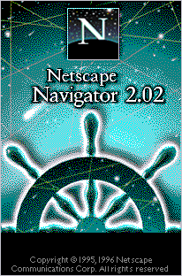 Netscape Navigator 2.02 splash screen: the white N logo and a glowing ship's wheel over a starry network map, copyright 1995, 1996 Netscape Communications