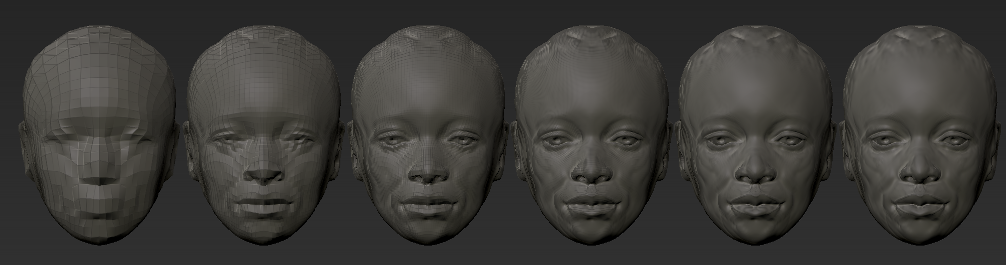 Six subdivision levels of the Object 01 head in ZBrush, from blocky low-poly cage to a smooth detailed face, arranged left to right