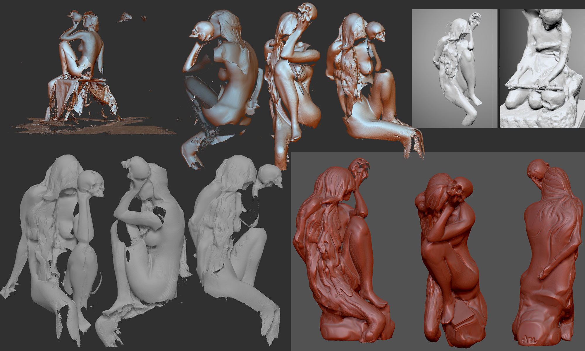 Work-in-progress collage of Object 02: photogrammetry scans of a seated woman clutching a skull, from broken raw meshes to a resculpted red clay figure signed AU