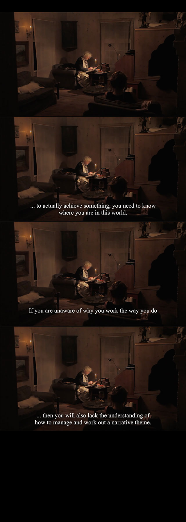 Four subtitled film stills of Odd Nerdrum painting by candlelight, saying that to achieve something you need to know where you are in this world