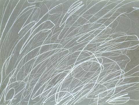 Cy Twombly untitled work: looping white crayon scribbles swarming diagonally across a grey ground