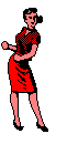 Tiny pixel-art GIF of a dark-haired woman in a black top and red skirt, one arm raised — the classic animated dancing girl of the early web