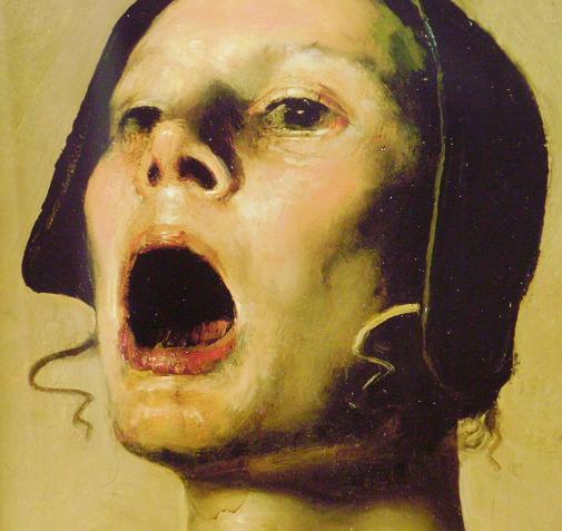 Odd Nerdrum painting: close-up of a hooded figure with head tipped back and mouth wide open, painted in warm ochres against a pale ground Odd Nerdrum painting: close-up of a hooded figure with head tipped back and mouth wide open, painted in warm ochres against a pale ground