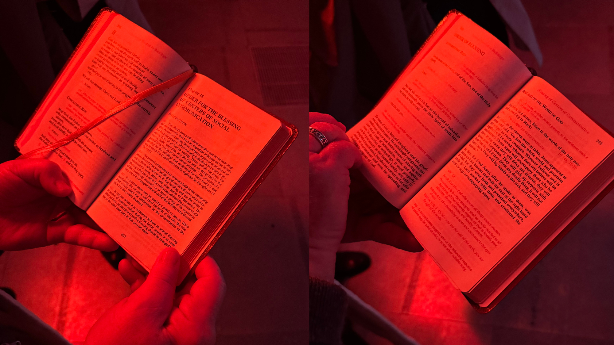 Hands in red light hold a Book of Blessings open to the Order for the Blessing of Centers of Social Communication