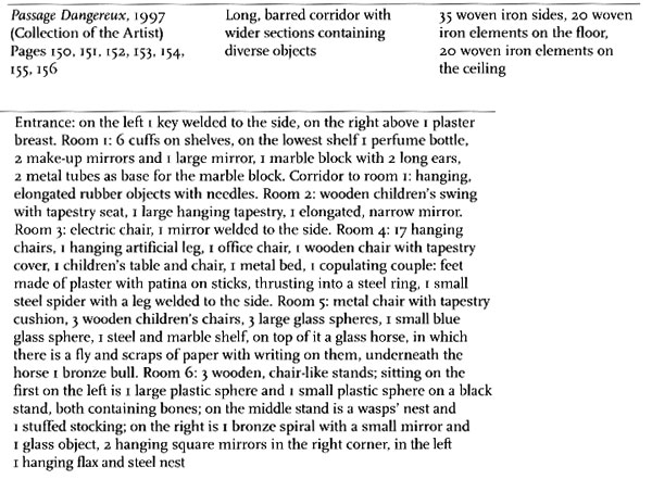 Catalogue text inventorying Louise Bourgeois's 1997 cell Passage Dangereux, room by room: cuffs, mirrors, hanging chairs, glass spheres, a bronze bull