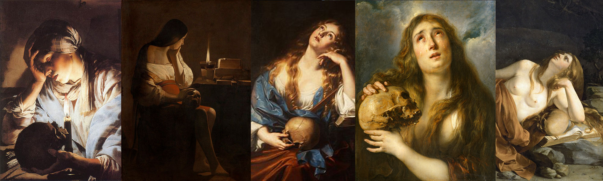 Five penitent Magdalene paintings side by side, including Georges de La Tour's candlelit versions, each with long hair, a skull, and upturned eyes