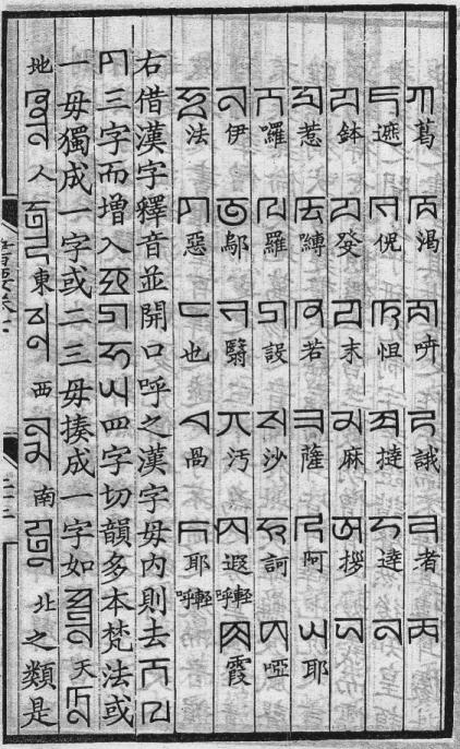 Second woodblock page of the ʼPhags-pa primer: tall columns of angular square-script letters, each glossed with small Chinese characters