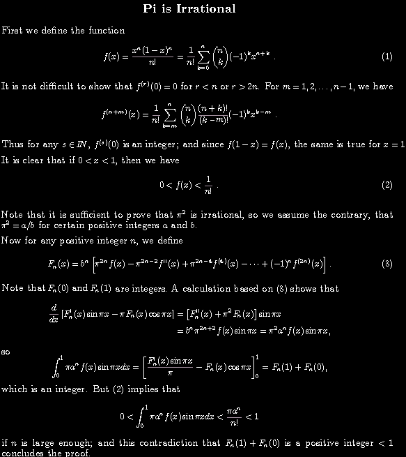 Page titled Pi is Irrational: Niven's short proof set in white mathematical type on black, from the defined polynomial to the concluding contradiction
