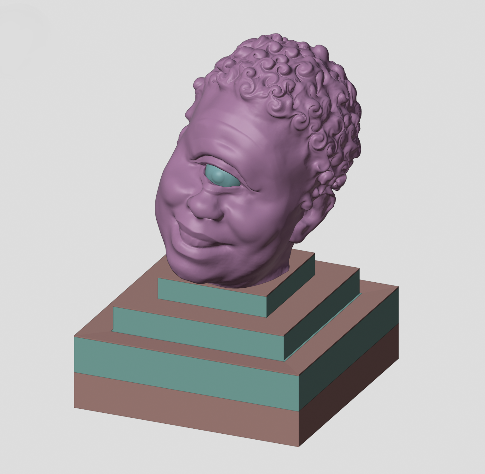 Poliriea: ZBrush render of a mauve cyclops head with tight sculpted curls and one teal eye, resting atop a striped ziggurat pedestal Poliriea: ZBrush render of a mauve cyclops head with tight sculpted curls and one teal eye, resting atop a striped ziggurat pedestal