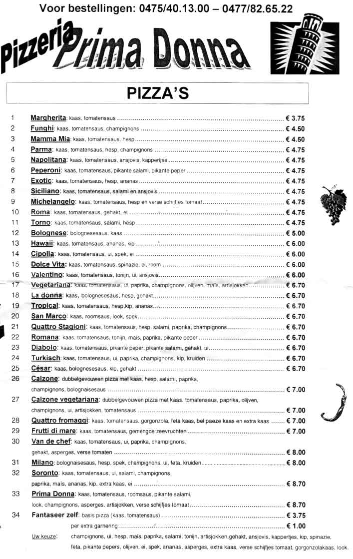 Photocopied menu of Pizzeria Prima Donna: thirty-four numbered pizzas from Margherita at 3.75 euro to Fantaseer zelf, with a Leaning Tower logo